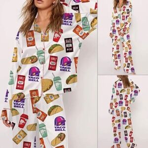 SHE SHOW White Satin TACO BELL Print Pajama Pants Set Viral TikTok NWT Medium